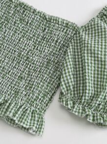 Breezaya 泡泡袖打褶褶邊格紋荷葉邊下擺上衣