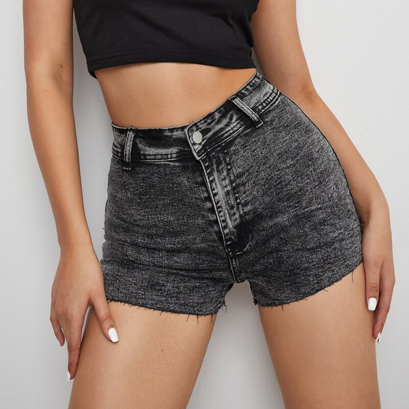 

High Waist Raw Hem Skinny Denim Shorts, Dark grey