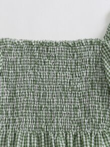 Breezaya 泡泡袖打褶褶邊格紋荷葉邊下擺上衣