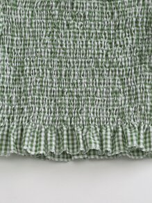 Breezaya 泡泡袖打褶褶邊格紋荷葉邊下擺上衣