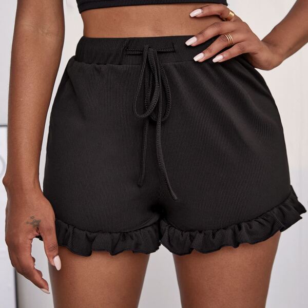 

Drawstring Waist Ruffle Hem Rib-knit Shorts, Black