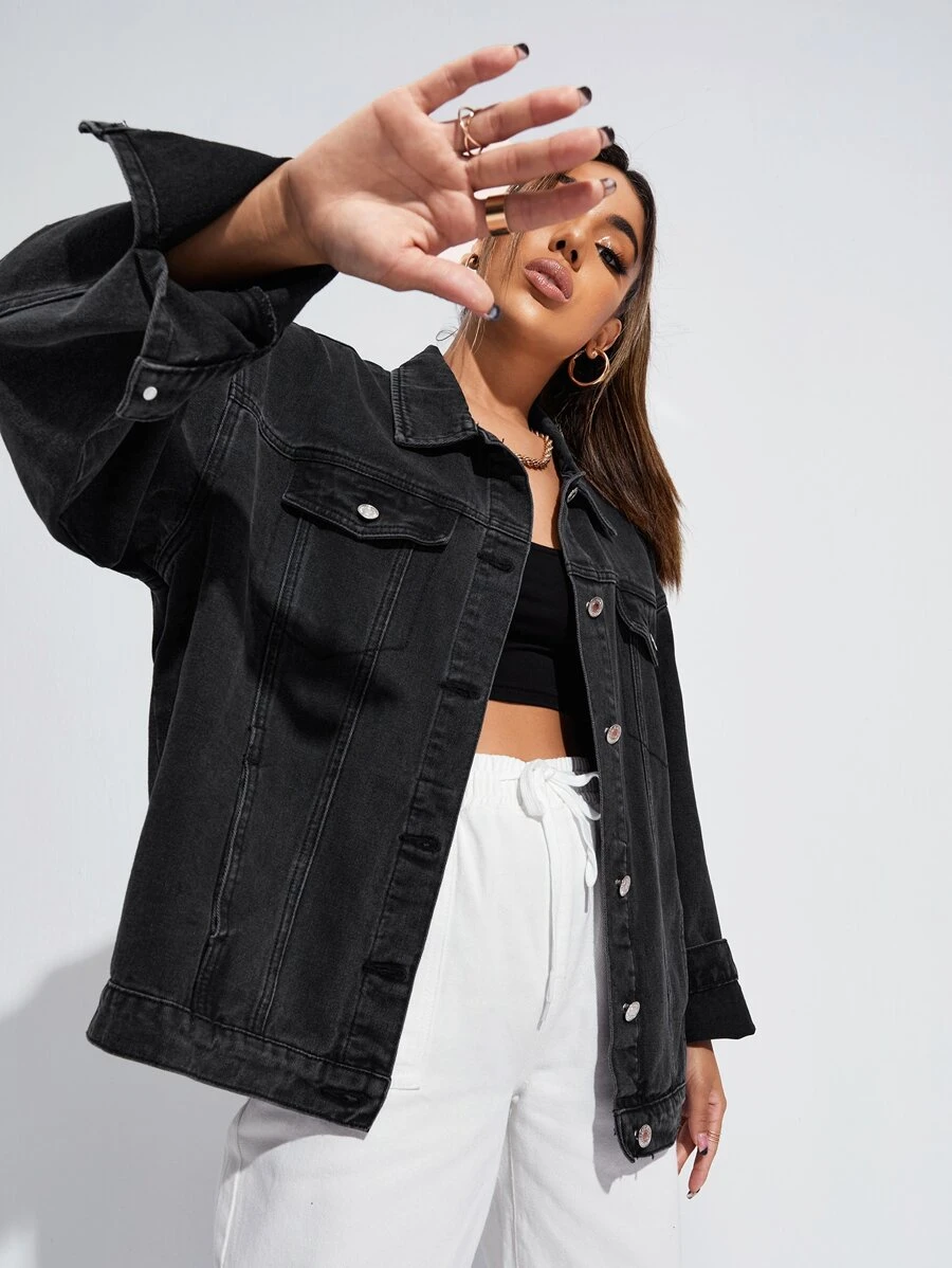 SHEIN EZwear Button Up Drop Shoulder Denim Coat