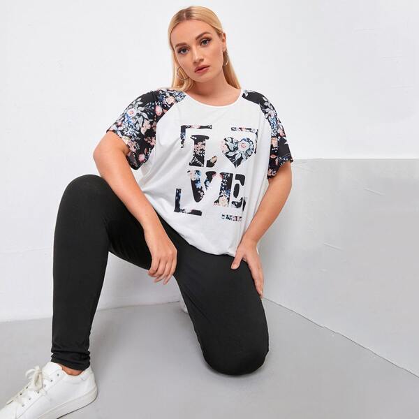 

Plus Letter And Floral Print Tee &Leggings, Black and white