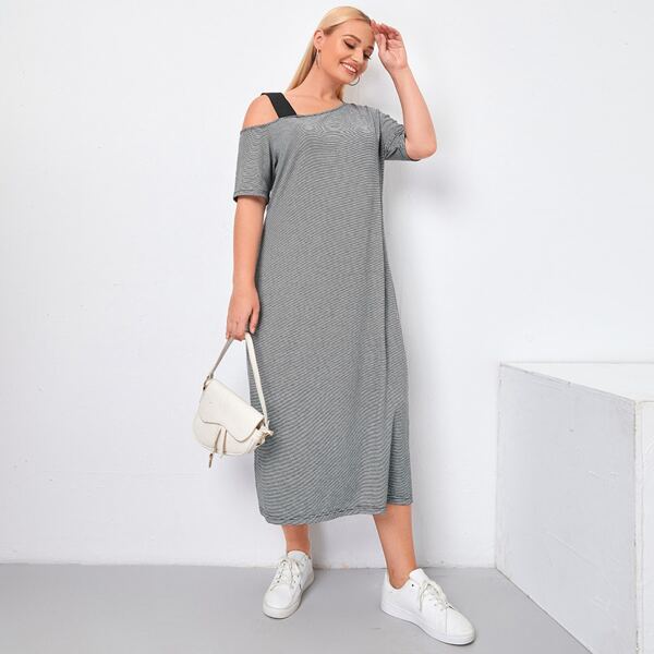 

Plus Striped Tape Asymmetrical Neck Tee Dress, Black and white