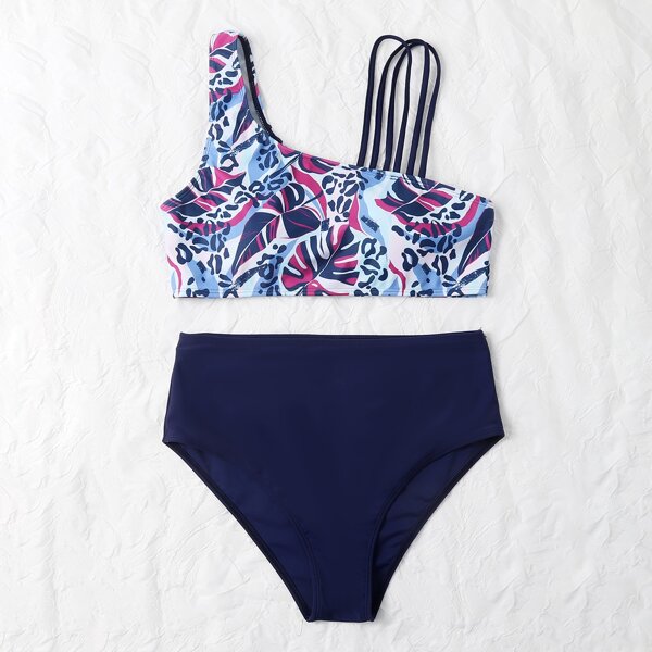 

Tropical Print One Shoulder Bikini Swimsuit, Multicolor