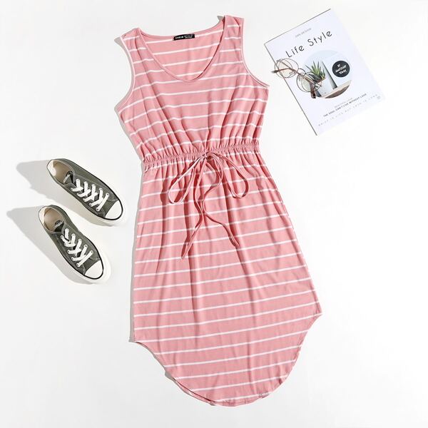 

Knot Waist Curved Hem Striped Dress, Coral pink