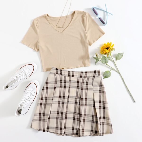 

V-neck Rib-knit Tee & Plaid Skirt, Khaki