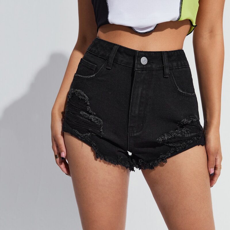

Ripped Raw Hem Denim Shorts, Black