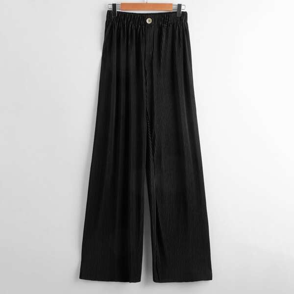 

Solid Ribbed Wide Leg Pants, Black