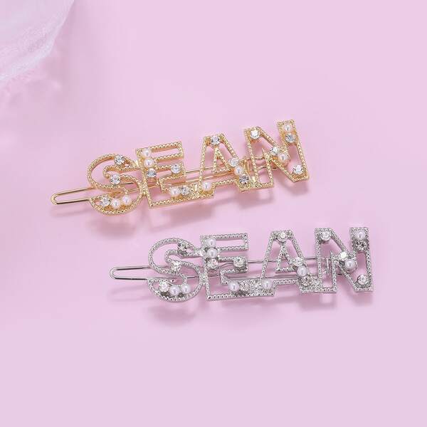 

2pcs Rhinestone Decor Letter Hair Clip, Multicolor