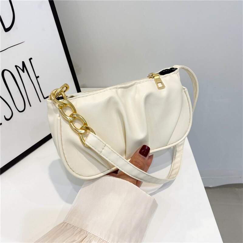 

Solid Ruched Baguette Bag, Beige