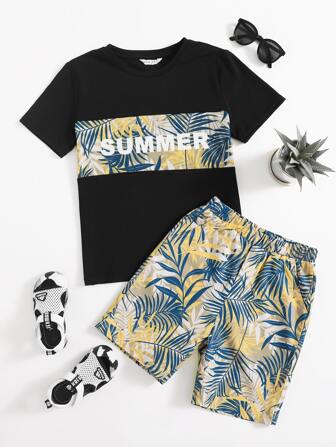 طقم شورت مع تي شيرت بجرافيك عبارة واستوائي للاولاد