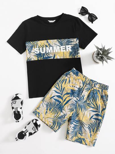 طقم شورت مع تي شيرت بجرافيك عبارة واستوائي للاولاد