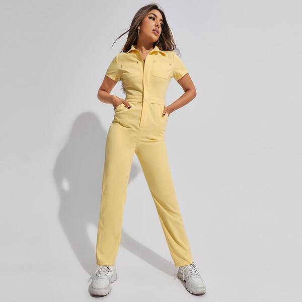

Patch Pocket Solid Denim Jumpsuits, Yellow