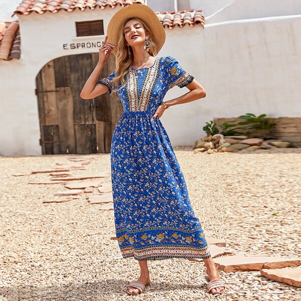 

Floral Puff Sleeve A-line Dress, Blue