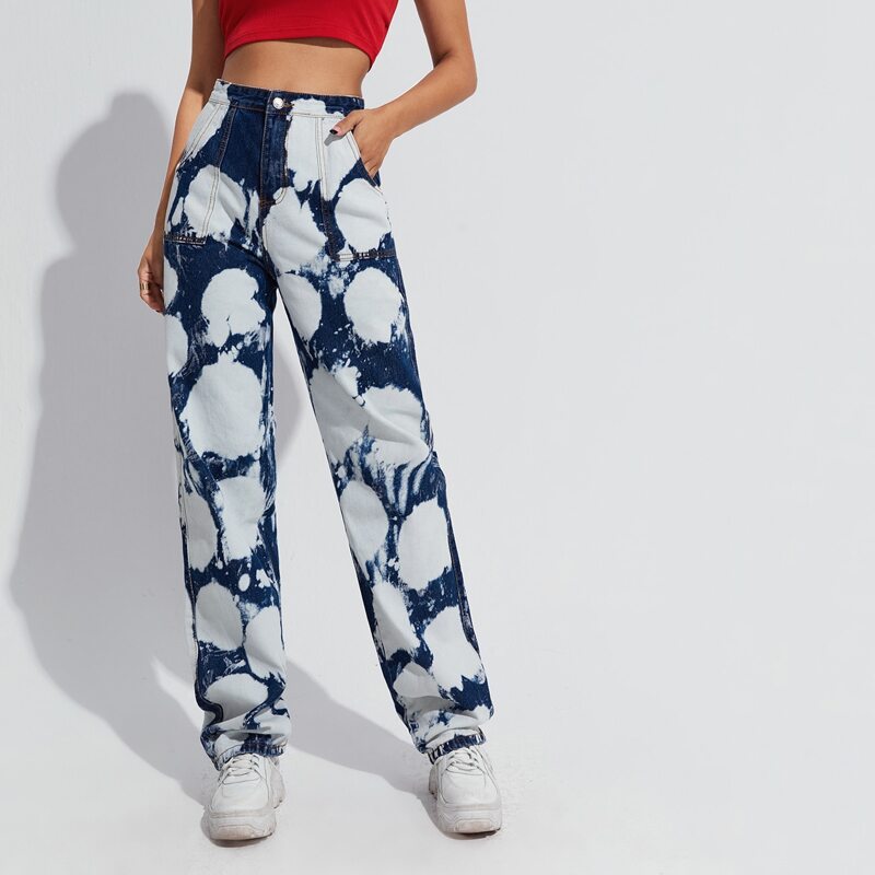 

Splash Paint Print Straight Leg Jeans, Blue and white
