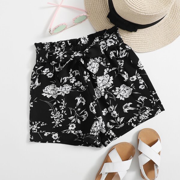 

Girls Paperbag Waist Belted Floral Shorts, Black and white