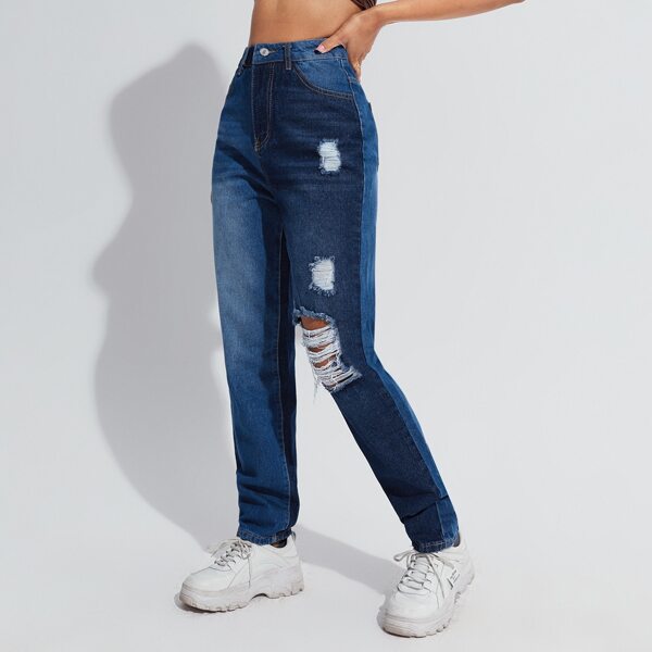 

Ripped Washed Straight Leg Jeans, Dark wash
