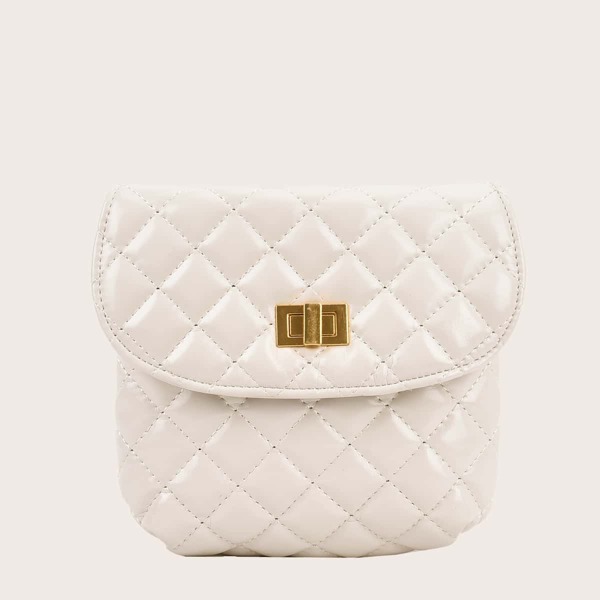 

Quilted Turn-lock Flap Crossbody Bag, Beige