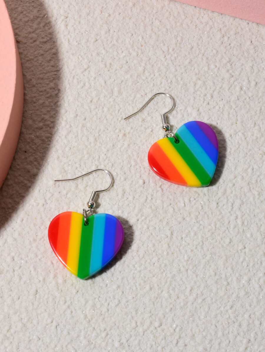 Rainbow Striped Heart Drop Earrings - Multicolor - View 1