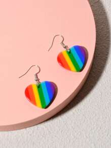 Rainbow Striped Heart Drop Earrings - Multicolor - View 2
