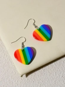 Rainbow Striped Heart Drop Earrings - Multicolor - View 3