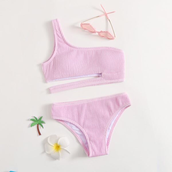 

Girls Rib Cut Out One Shoulder Bikini Swimsuit, Pink