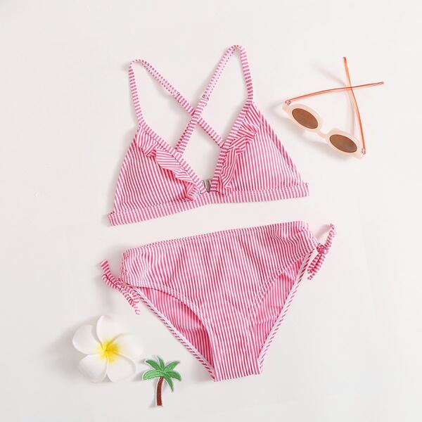 

Girls Striped Ruffle Bikini Swimsuit, Pink