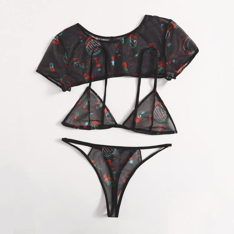 

3pack Graphic Mesh Lingerie Set, Black