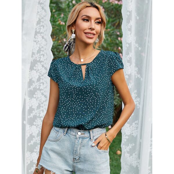 

Polka Dot Keyhole Neck Puff Sleeve Blouse, Teal blue