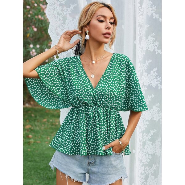 

Ditsy Floral Batwing Sleeve Peplum Blouse, Green