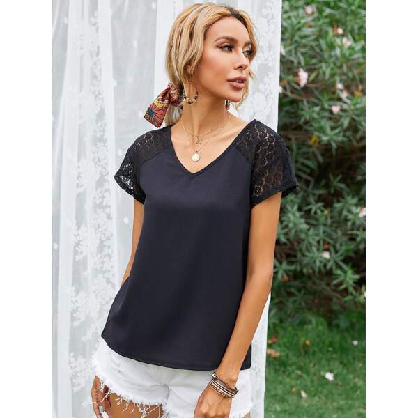 

Contrast Lace Sleeve V-neck Blouse, Black