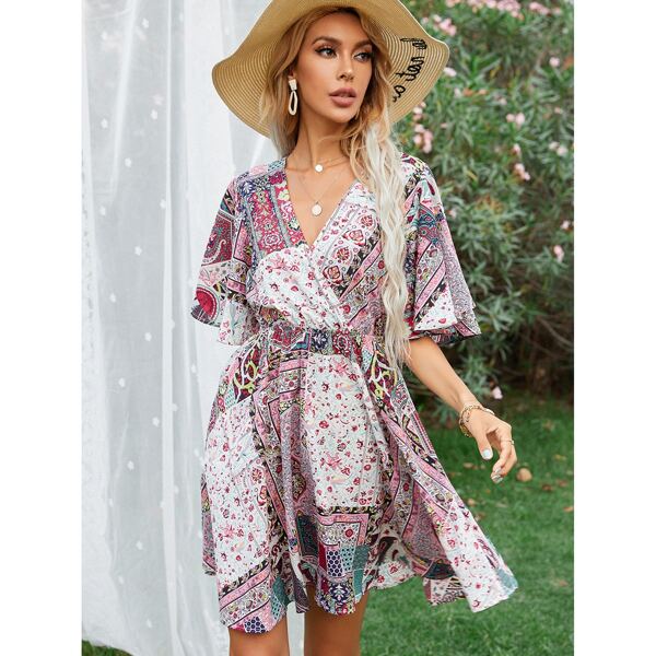 

Patchwork Butterfly Sleeve Surplice Dress, Multicolor
