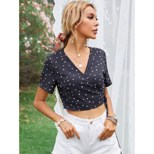 

Heart Print Knot Side Wrap Blouse, Black
