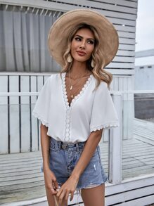SHEIN Unity Blusa Manga Estilo Mariposa Con Panel De Encaje - Blanco - Ver 3