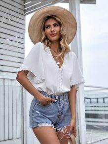 SHEIN Unity Blusa Manga Estilo Mariposa Con Panel De Encaje - Blanco - Ver 4