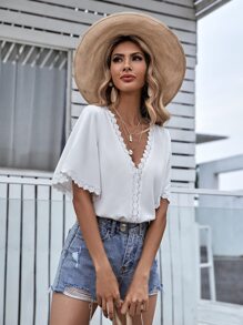 SHEIN Unity Blusa Manga Estilo Mariposa Con Panel De Encaje - Blanco - Ver 5
