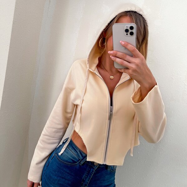 

Asymmetrical Hem Zip Up Hooded Sweatshirt, Apricot