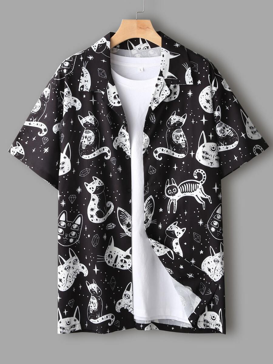 Manfinity Men Cat And Galaxy Print Button Front Shirt Without Tee - Black - View 1