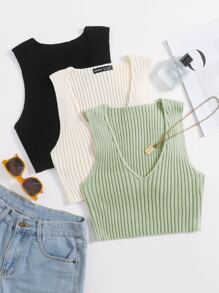 SHEIN Unity 3pcs Plunge Crop Tank Knit Top - Multicolor - View 1