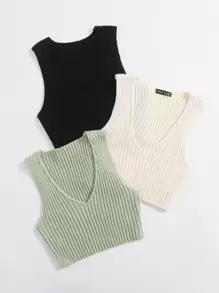 SHEIN Unity 3pcs Plunge Crop Tank Knit Top - Multicolor - View 6