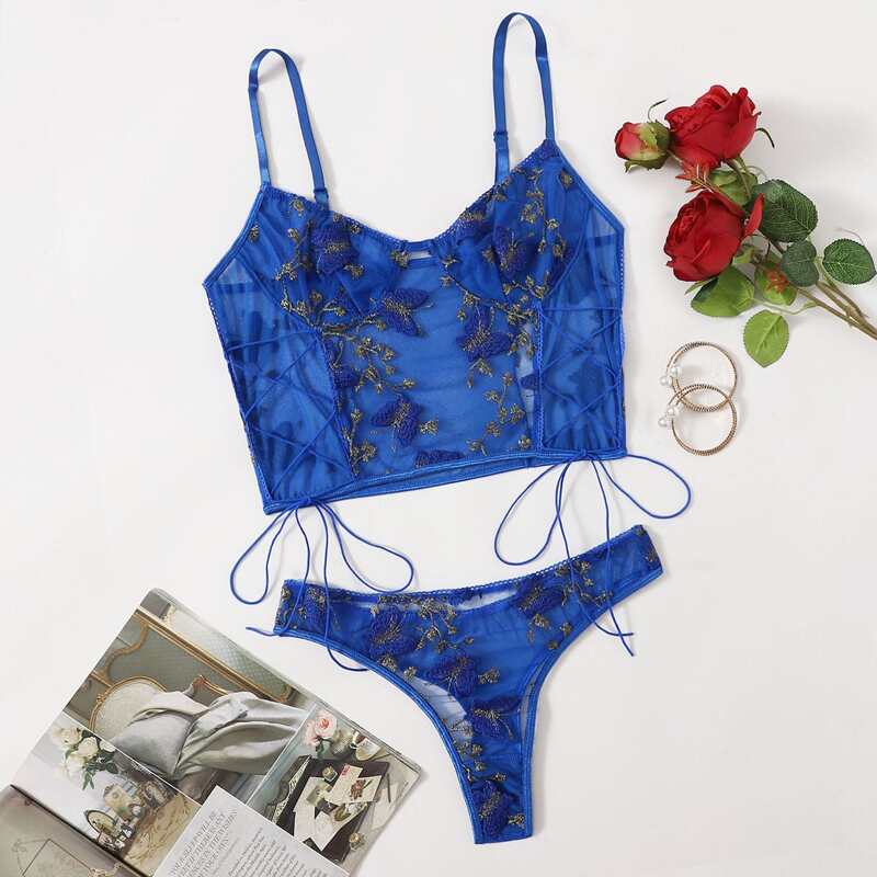 

Butterfly Embroidered Mesh Lingerie Set, Blue