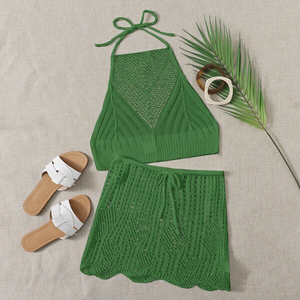 

Halter Cover Up & Drawstring Waist Skirt Set, Green