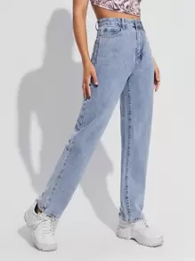 SHEIN EZwear High Waist Slant Pocket Straight Jeans - Medium Wash - View 3