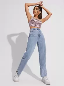 SHEIN EZwear High Waist Slant Pocket Straight Jeans - Medium Wash - View 4