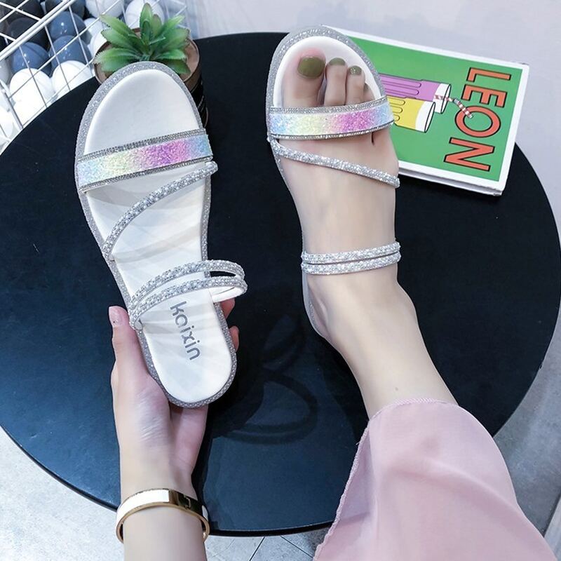 

Rhinestone Strap Slide Sandals, White