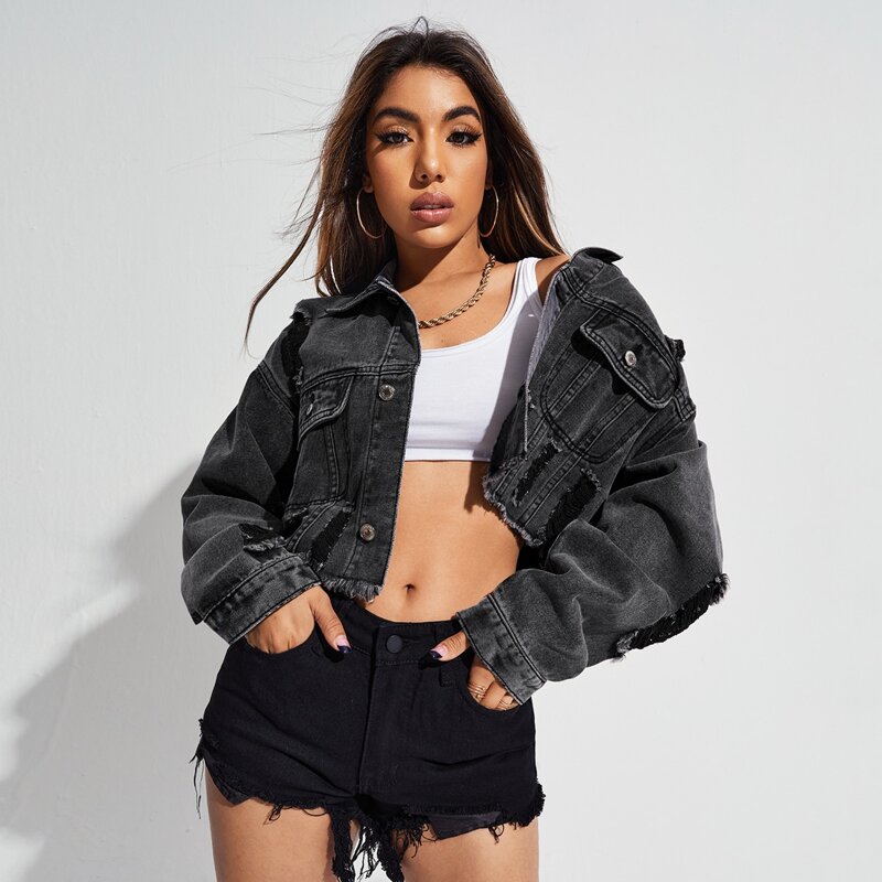 

Ripped Raw Hem Denim Jacket, Dark grey