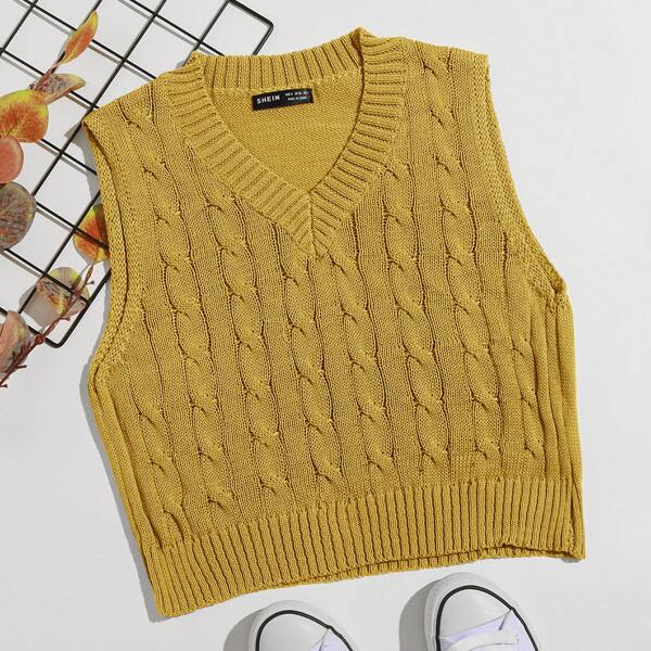 

Cable Knit Cropped Sweater Vest, Mustard yellow