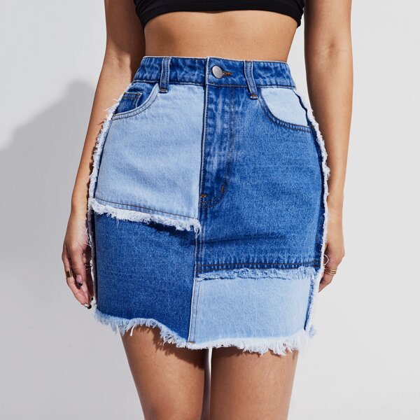 

Color-block Raw Hem Denim Skirt, Blue