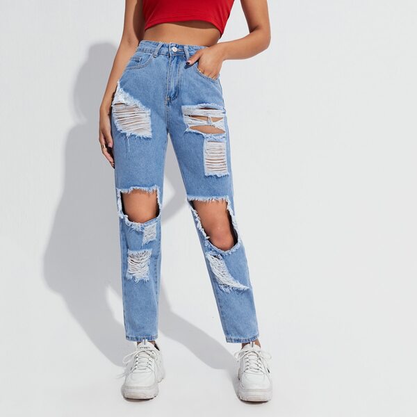 

Ripped Straight Leg Washed Jeans, Light wash